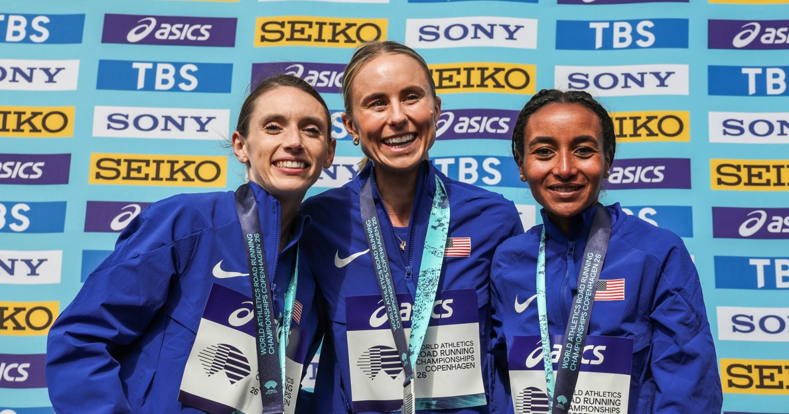 A silver medal for Emma Grace Hurley, Jess McClain and Weini Kelati (Photo by Kevin Morris)
