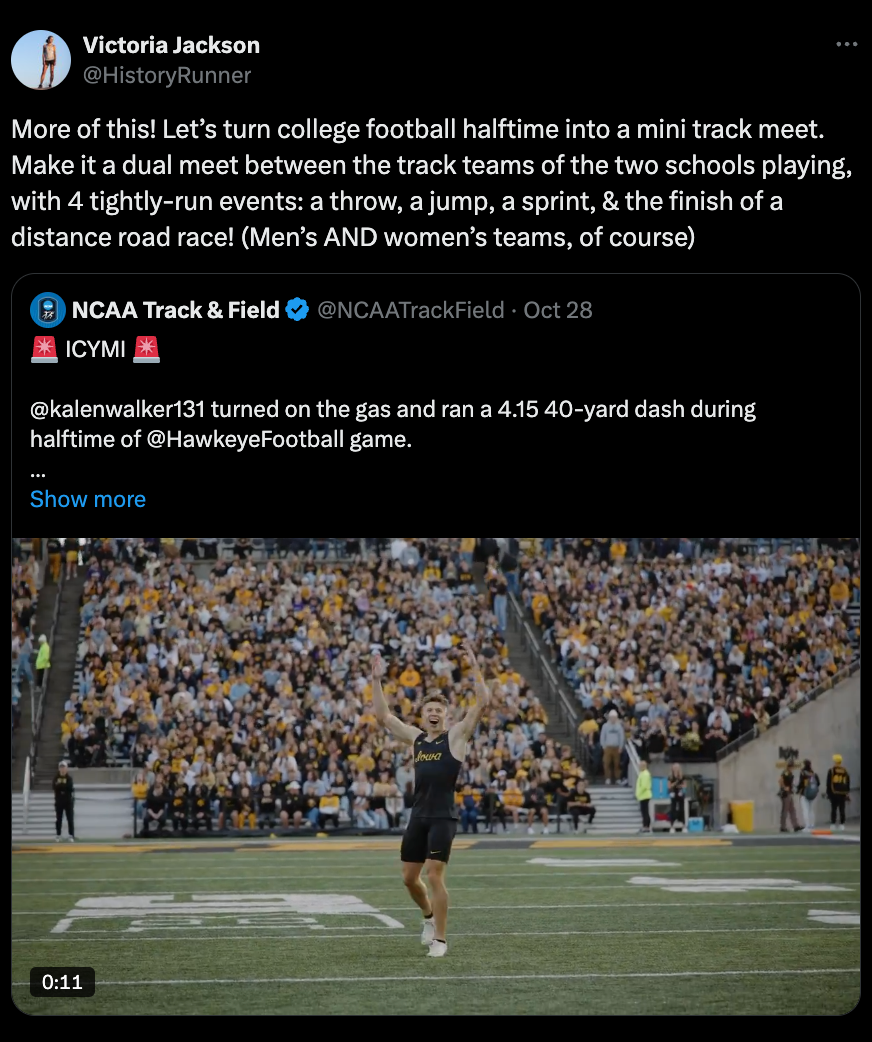 Kalen Walker after running a 40-yard dash in 4.15 seconds during halftime at a Hawkeye football game.