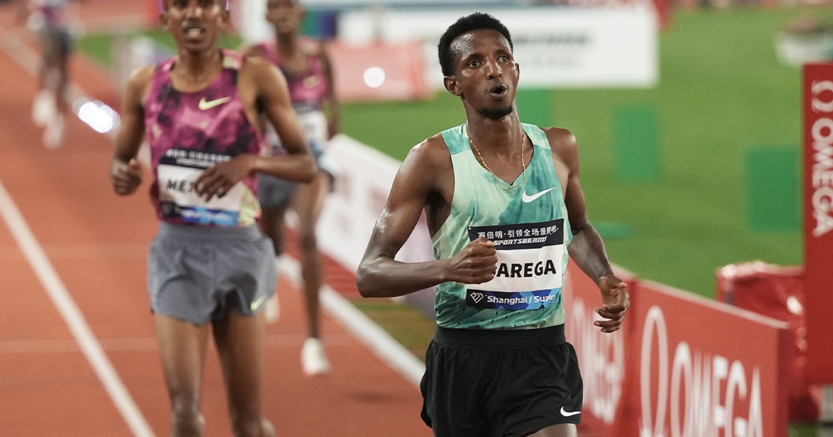 Selemon Barega winning the 5000m at the Shanghai Diamond League. 