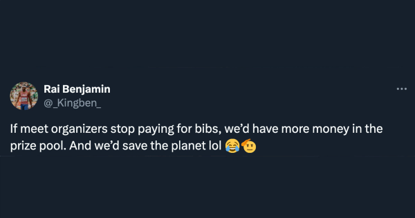 Rai Benjamin's popular tweet about bibs on X (formerly known as X). 