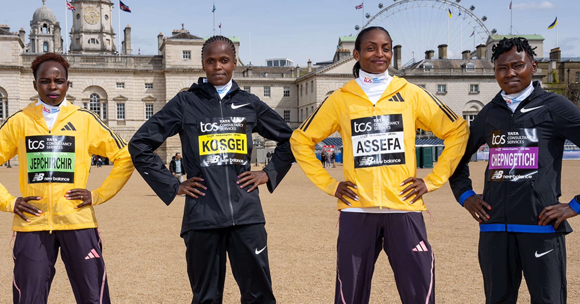 Peres Jepchichir, Brigid Kosgei, Tisgst Assefa, and Ruth Chepngetich before the 2024 London Marathon