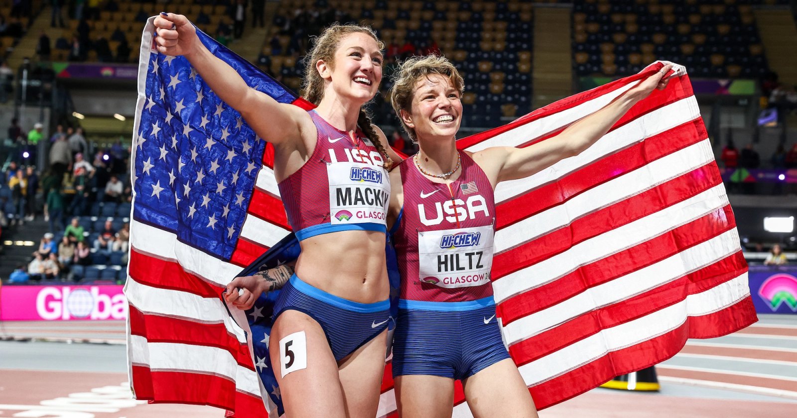 Emily Mackay and Nikki Hiltz at the 2024 World Indoor Championships.