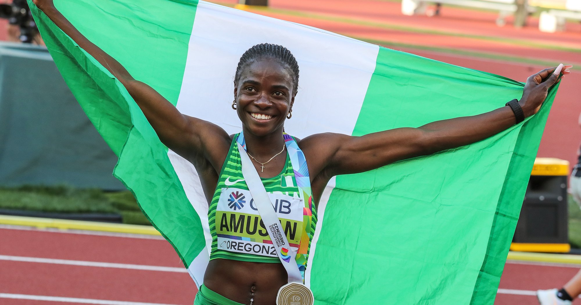 Tobi Amusan after winning the 100m hurdles gold medal at the 2022 World Athletics Championships.
