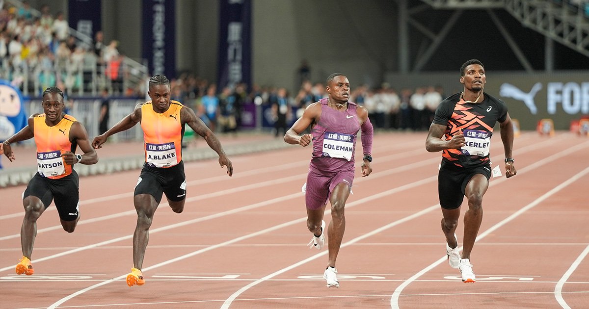 Christian Coleman winning the Xiamen Diamond League 100m. 