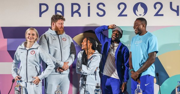 Katie Moon, Ryan Crouser, Tara Davis-Woodhall, Noah Lyles, and Grant Holloway at the Paris Olympics Team USA press conference.