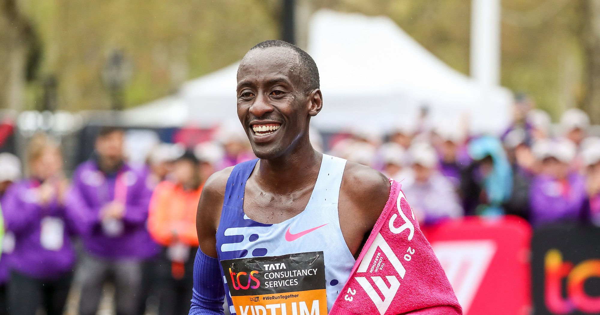 Kelvin Kiptum after running the second-fastest marathon in history to win the 2023 London Marathon,