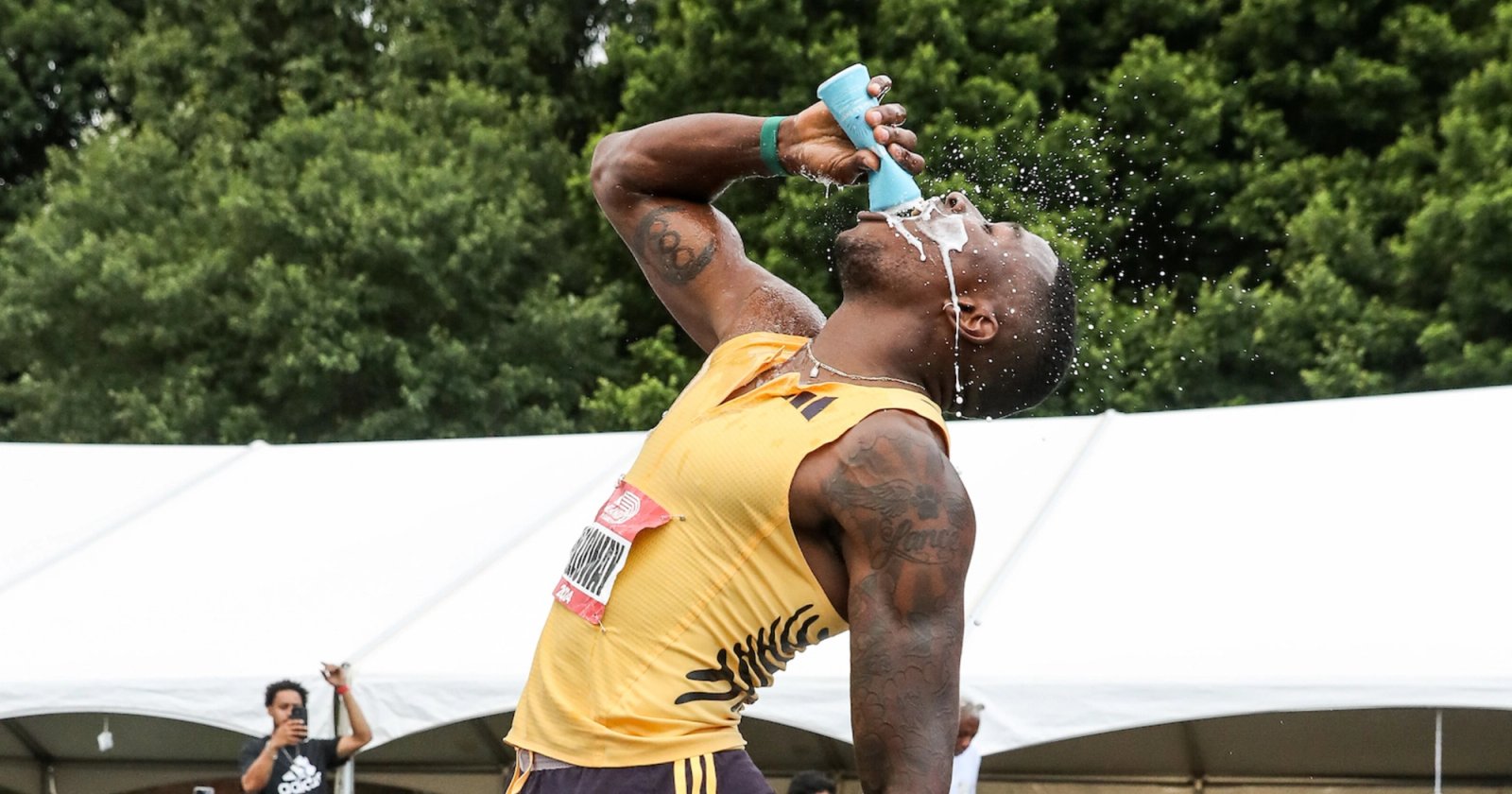 Grant Holloway with a heck of a celebration after his 110m hurdles win.