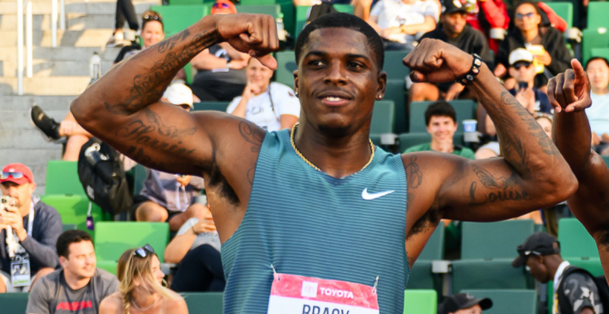 Marvin Bracy celebrates qualifying for the 2022 World Athletics Championships. 