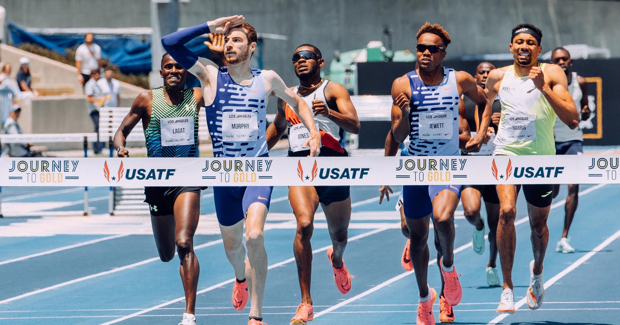 Clayton Murphy salutes the crowd at the Los Angeles Grand Prix during the men's 800 meters.