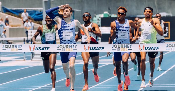 Clayton Murphy salutes the crowd at the Los Angeles Grand Prix during the men's 800 meters.