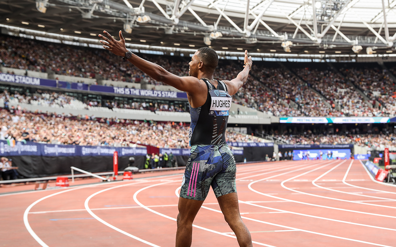 Zharnel Hughes at the 2023 London Diamond League.