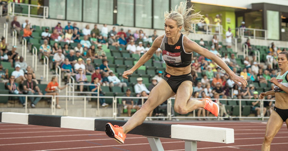 Emma Coburn racing at the 2023 USATF Outdoor Track & Field Championships.
