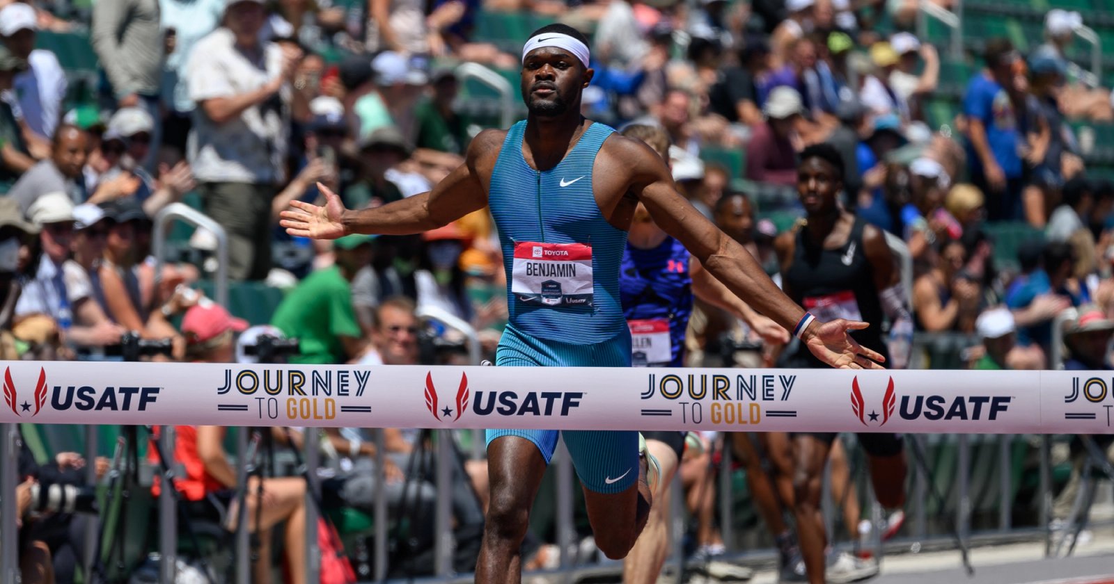 Rai Benjamin wins the 2022 USATF Outdoor Championships 400m hurdles.