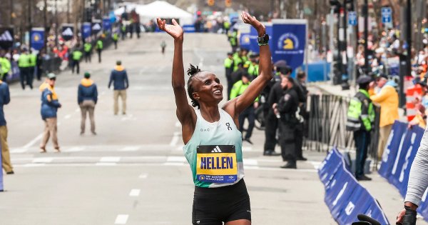 Helen Obiri celebrating her victory at the 2024 Boston Marathon.