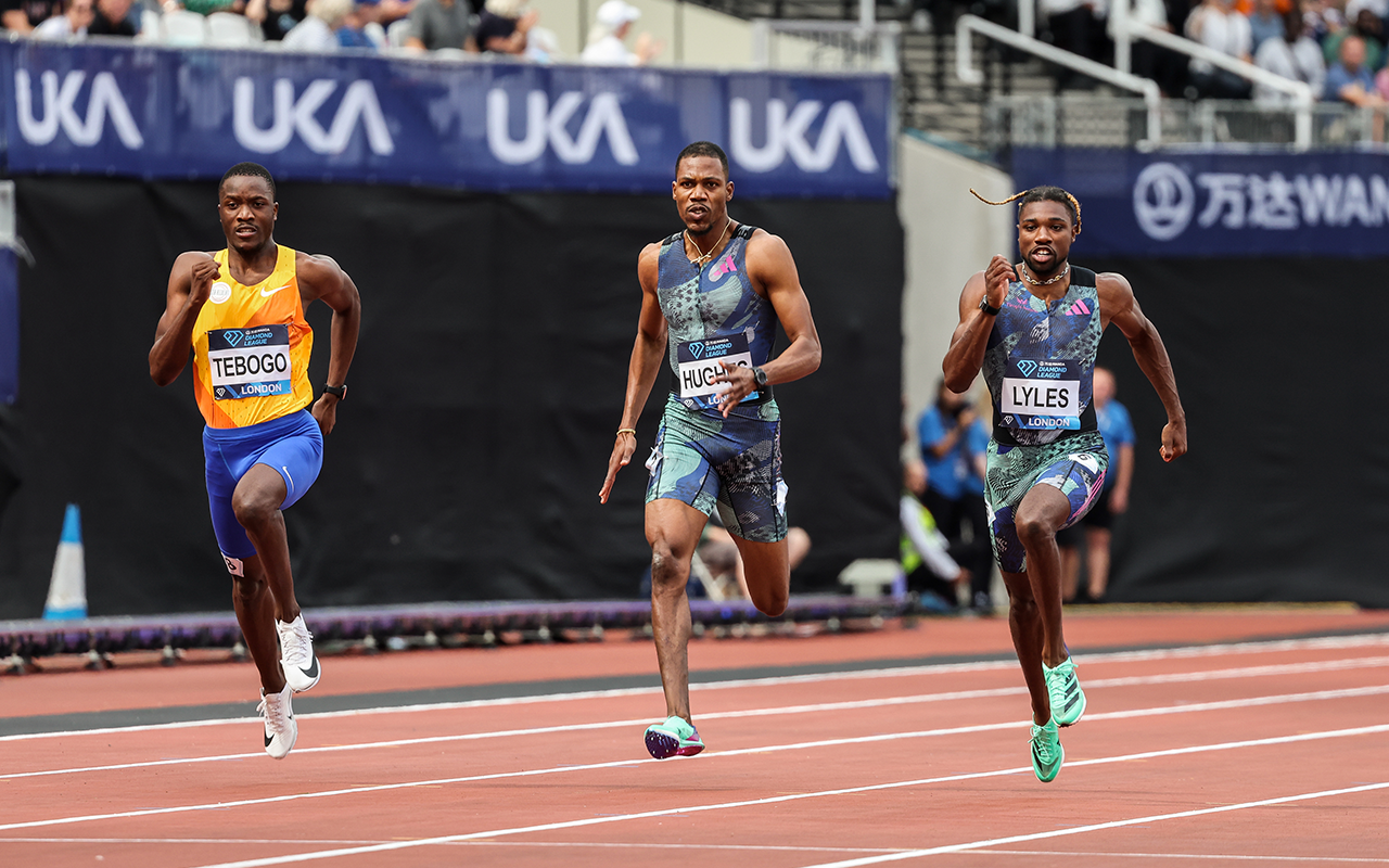 Letsile Tebogo, Zharnel Hughes, and Noah Lyles at the 2023 London Diamond League.