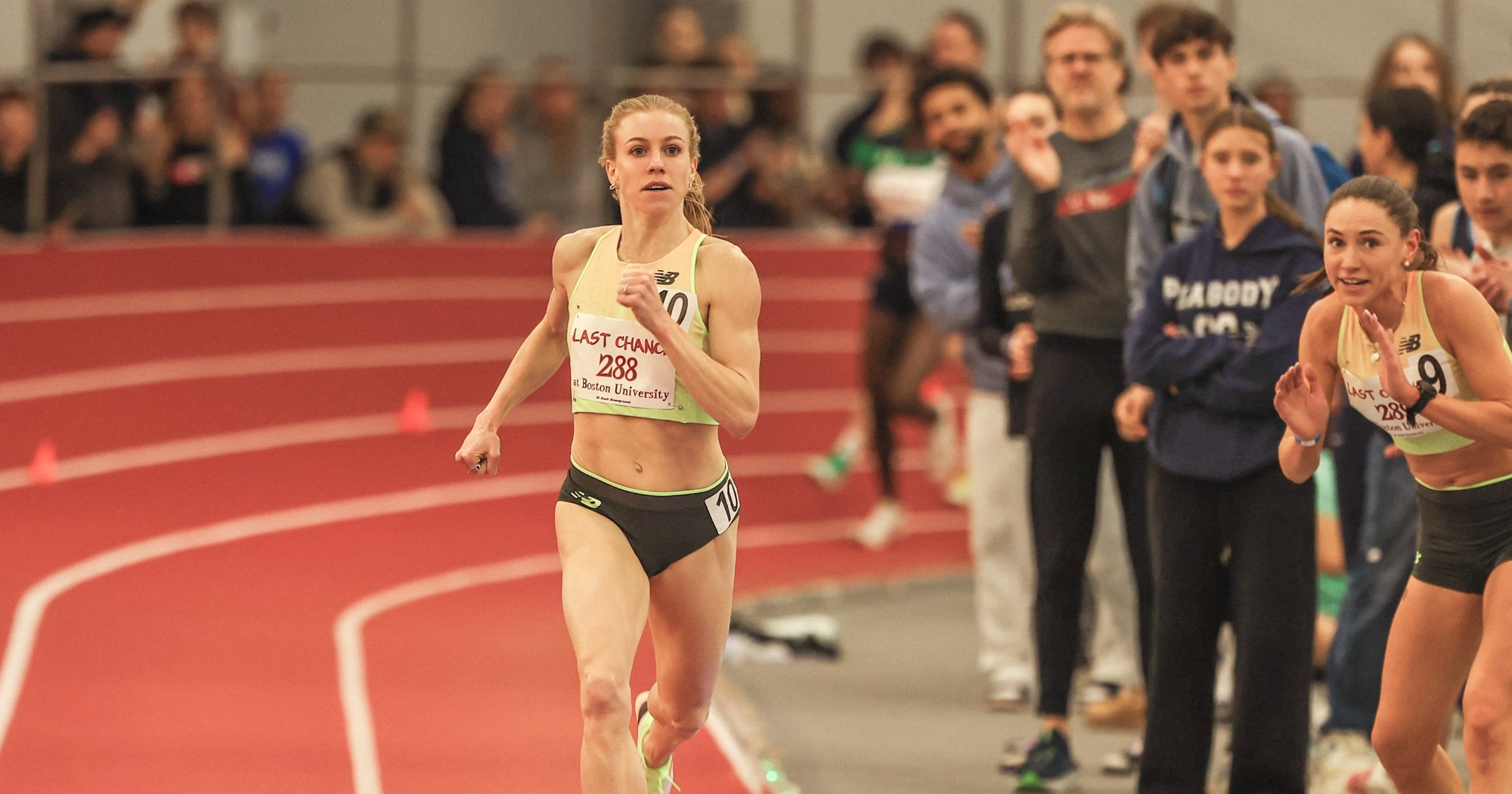 Heather MacLean powers down the track at Boston University’s Last Chance National Qualifier, en route to a 4:17.01 mile to secure her spot at the World Indoor Championships.