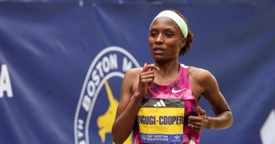 Mary Ngugi-Cooper finishing the 2024 Boston Marathon on 6th place.
