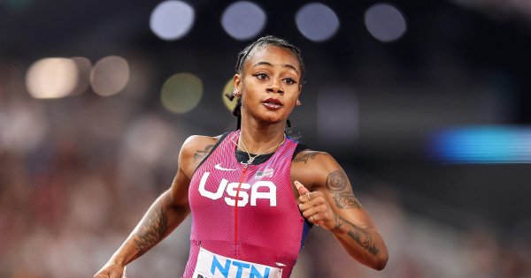Sha'Carri Richardson racing at the 2023 World Athletics Championships.