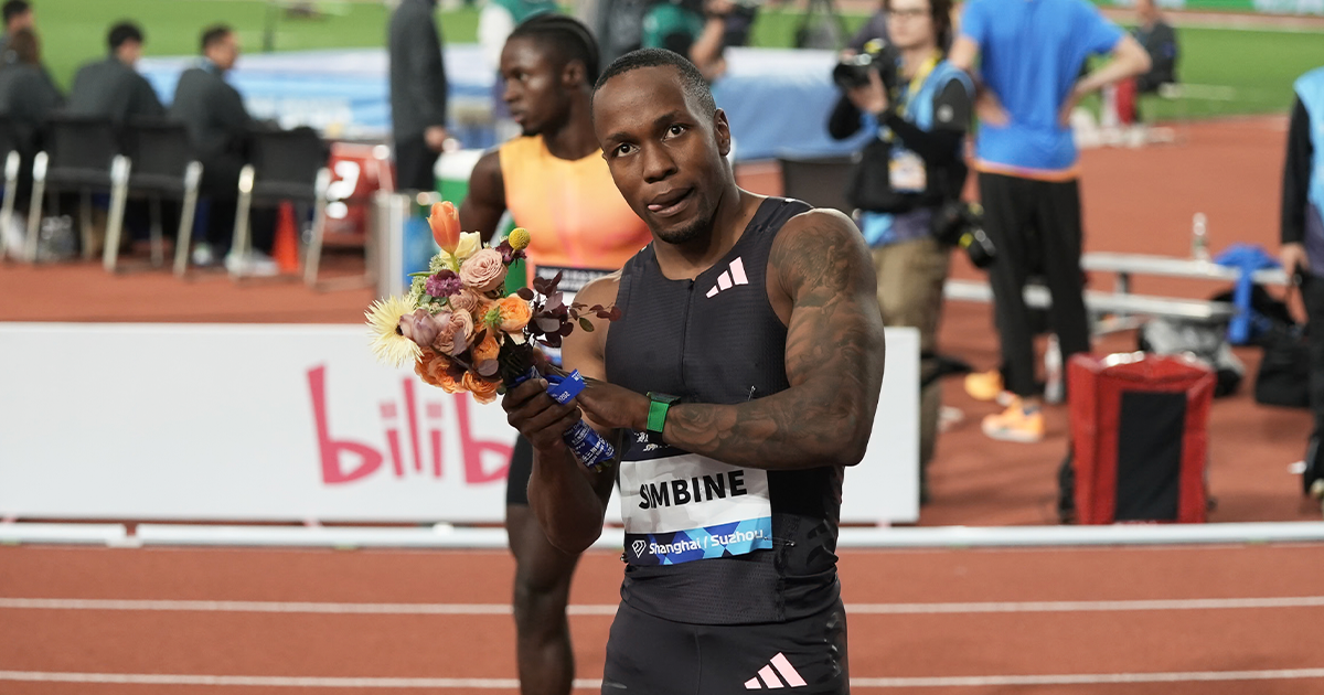 Akani Simbine celebrating his 100m win at the Shanghai Diamond League. 
