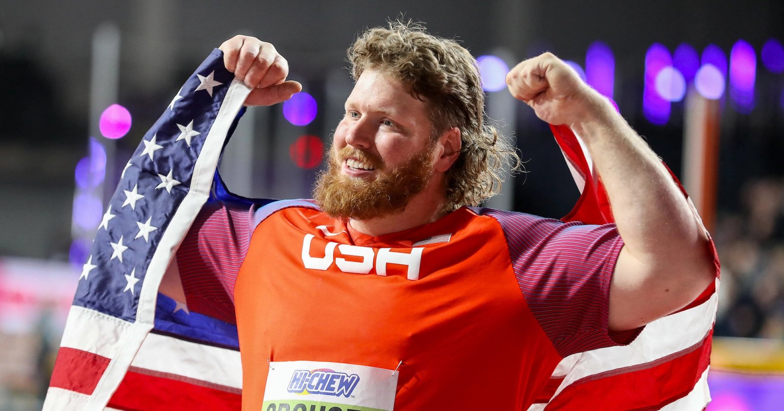 Ryan Crouser celebrating his gold at the 2024 World Athletics Indoor Championships.